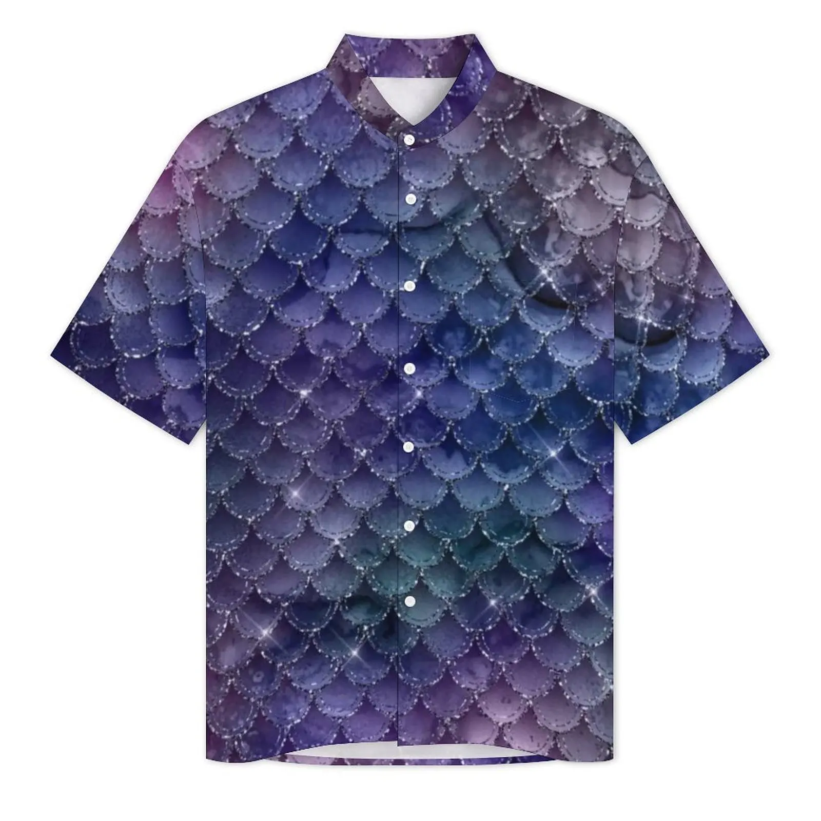 Glitter Mermaid Scales Beach Shirt Violet Indigo Hawaiian Casual Shirts Men Retro Blouses Short Sleeve Korean Fashion Design Top