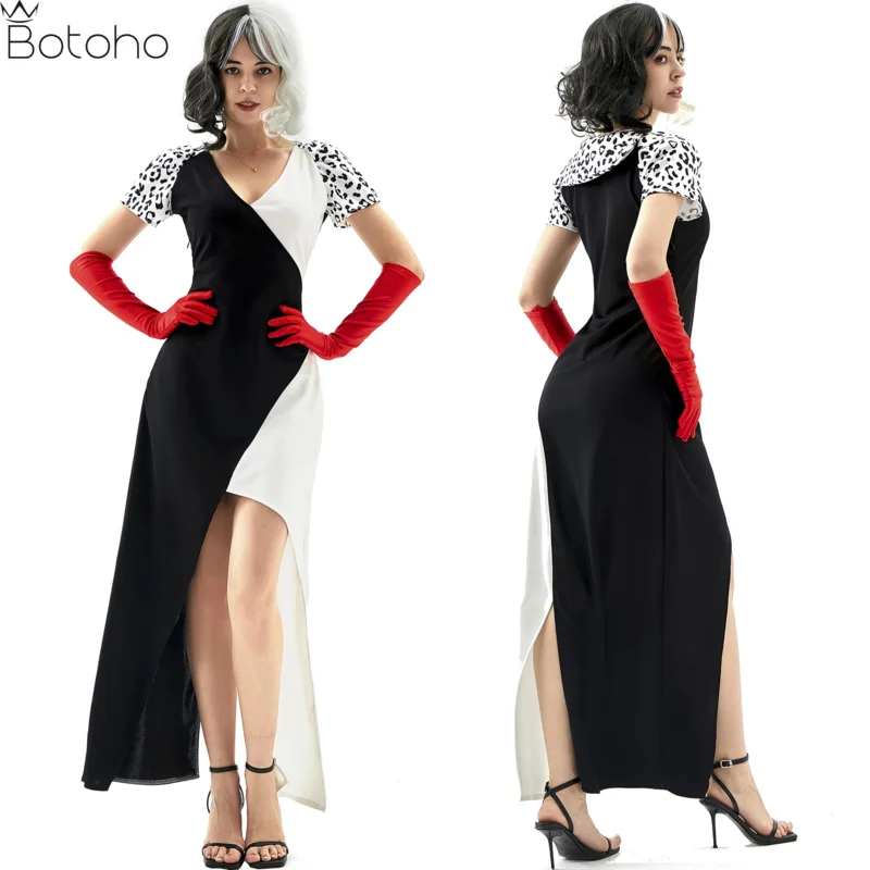 Evil Madame Cruella De Vil Costume Cosplay Women Fancy Black White Sexy Witch Dress Gloves Wig Hallowen Carnival Party Clothes I