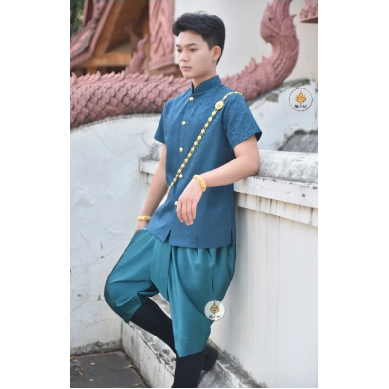 

Spring Summer Traditional Thailand Clothing for Men Southeast Asian Clothes Thai Costume Tops Pants Restaurant Hotel Welcome