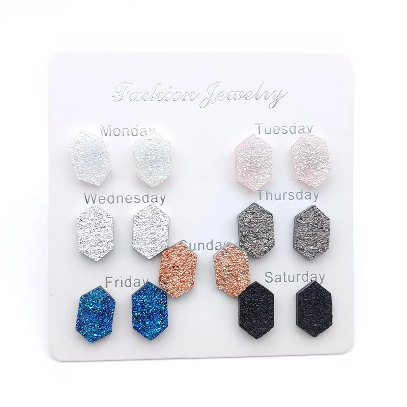 weekly Stainless Steel Stud Mini Resin Druzy Hexagon Oval Style Studs Earrings Fashion Famous Brand Designer Body Dress Jewelry