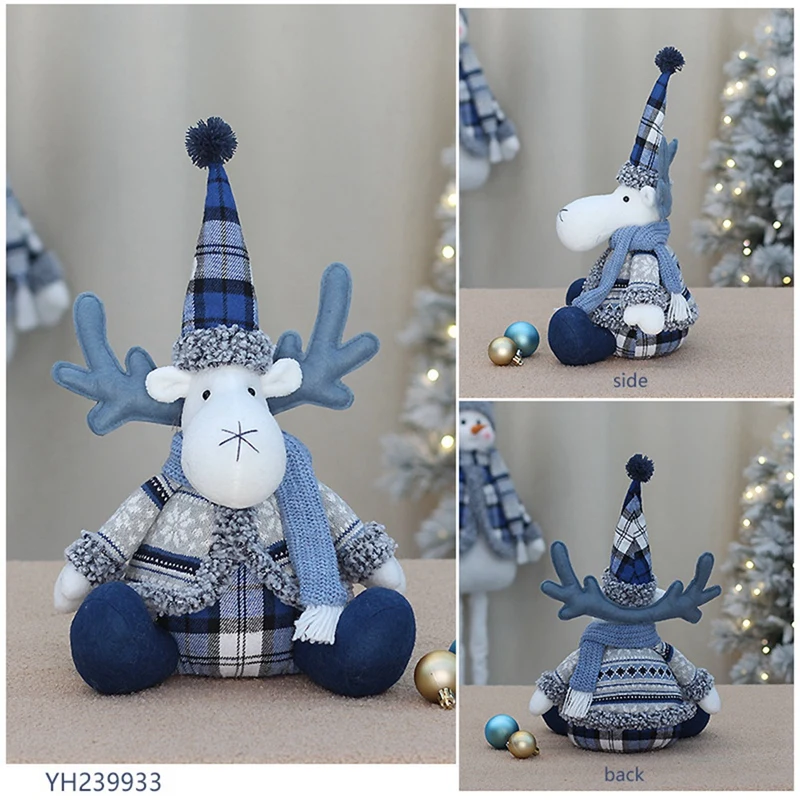 Blue Doll Christmas Tree Decoration Pointed Hat Long Mouth Deer Christmas Window Decorations 25 X 38Cm Easy Install Easy To Use