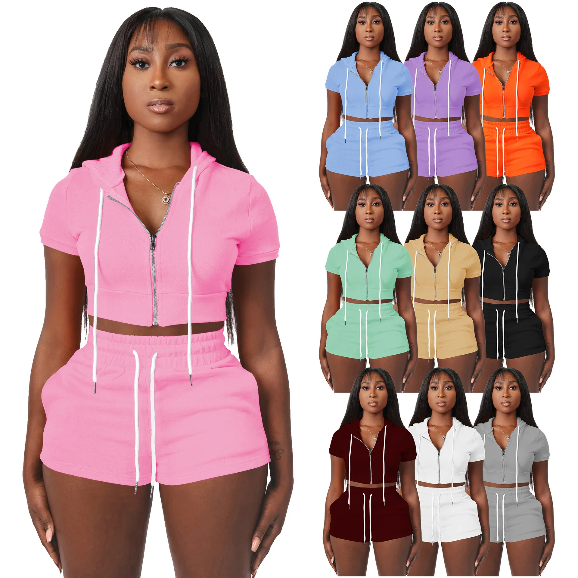 HR8210 Women's Zipper Cardigan Solid Color Short Top Hooded Two-Piece Set