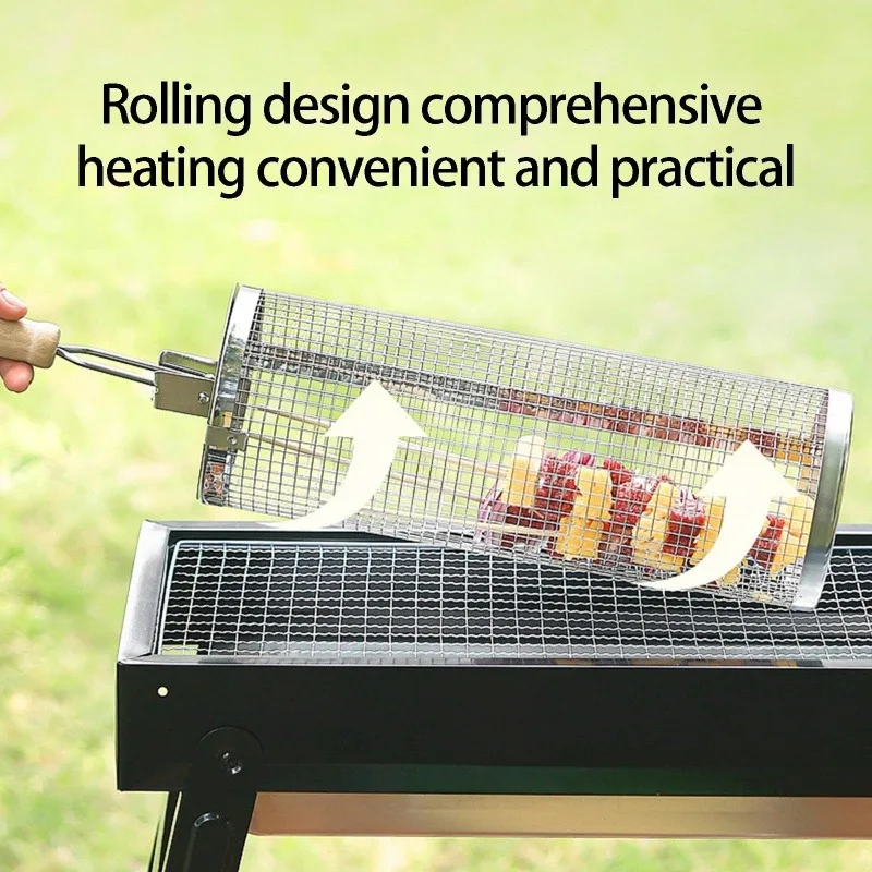 Rundes Grillkorb-Set aus Edelstahl, rollbarer Stahlgitter-Grill mit Griff, unverzichtbar für Outdoor-Camping – Detail 2