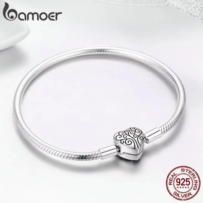 BAMOER 100% Plata de Ley 925 primavera Árbol de la vida forma de corazón cierre pulsera de cadena de serpiente joyería de plata esterlina S925 SCB066