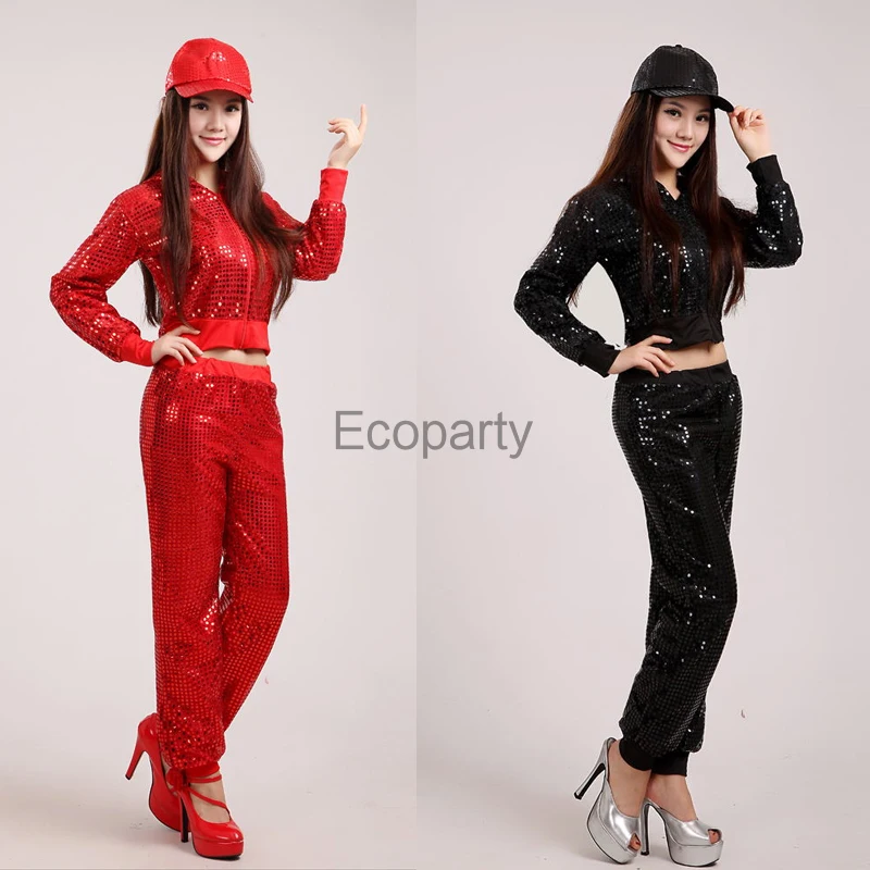 New Women Sequins Jazz Dance Modern Cheerleading Costume Hip Hop Dancing Wear Tops Pants Set Party Performance Outfits Clothes