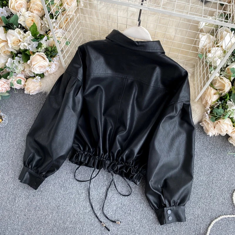 Blouson de motard en faux cuir PU femme, décontracté coréen, noir court, simili cuir, proximité wstring, ourlet à la taille, grande poche, revers manches longues, printemps