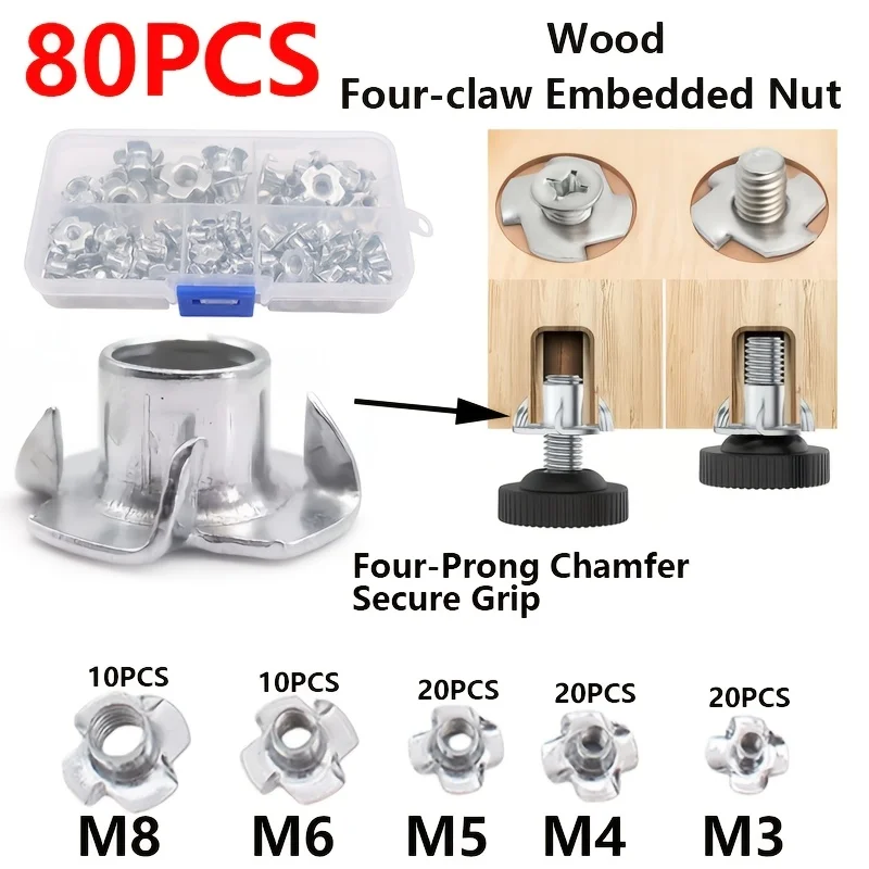 80Pcs Four-Pronged Embedded Nuts T-Type Nuts M3/M4/M5/M6/M8 Blind Insert Nuts, Suitable for Wooden Furniture and Climbing Brackets, Wooden Supports, and Cabinet Woodworking Furniture, Durable and Sturdy
