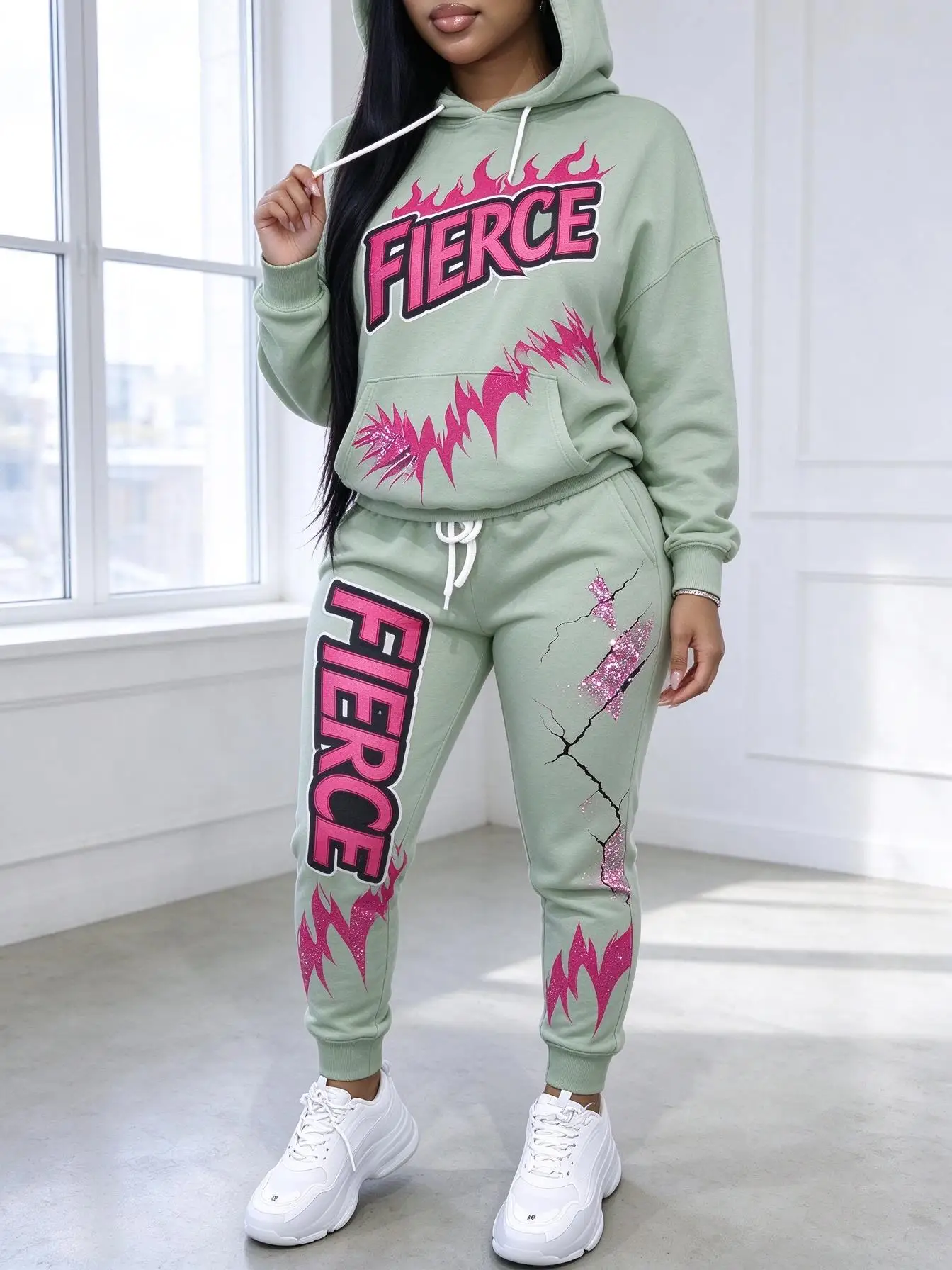 Women Fierce Champ Queen Letter Flame Print 2Pcs Tracksuit, Hoodie Jogger Set, Hip Hop Street Outfit.