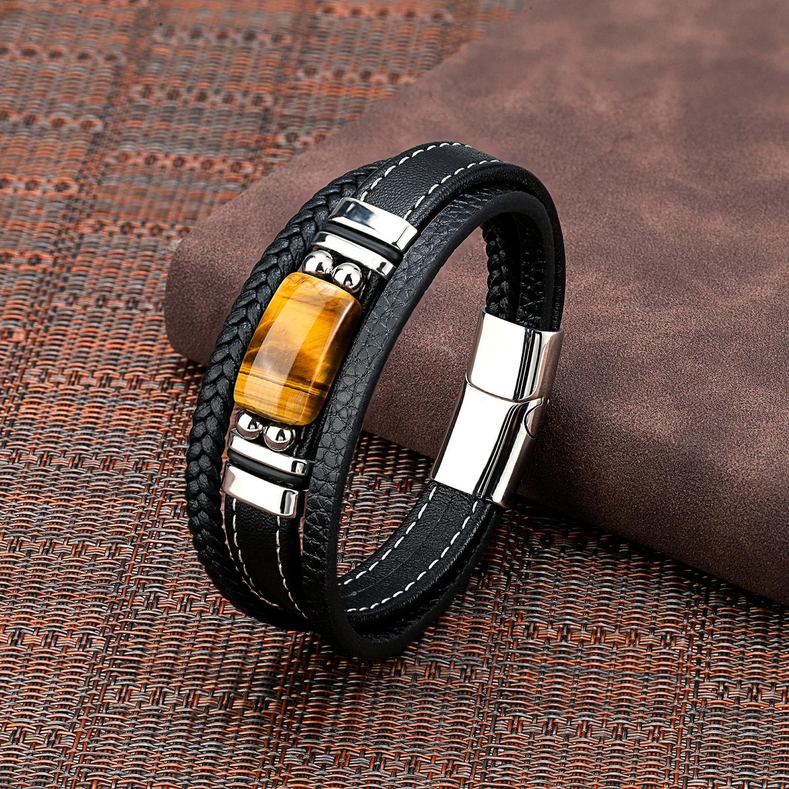 New Vintage Wind Large Semicircle Natural Tiger Eye Stainless Steel Casual Collocation 3-Layer Black Leather Rope Mens Bracelet