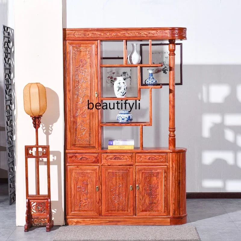 SMT07 New Chinese-style solid wood porch cabinet screen antique double-sided engraving enters the door shoe cabinet living room
