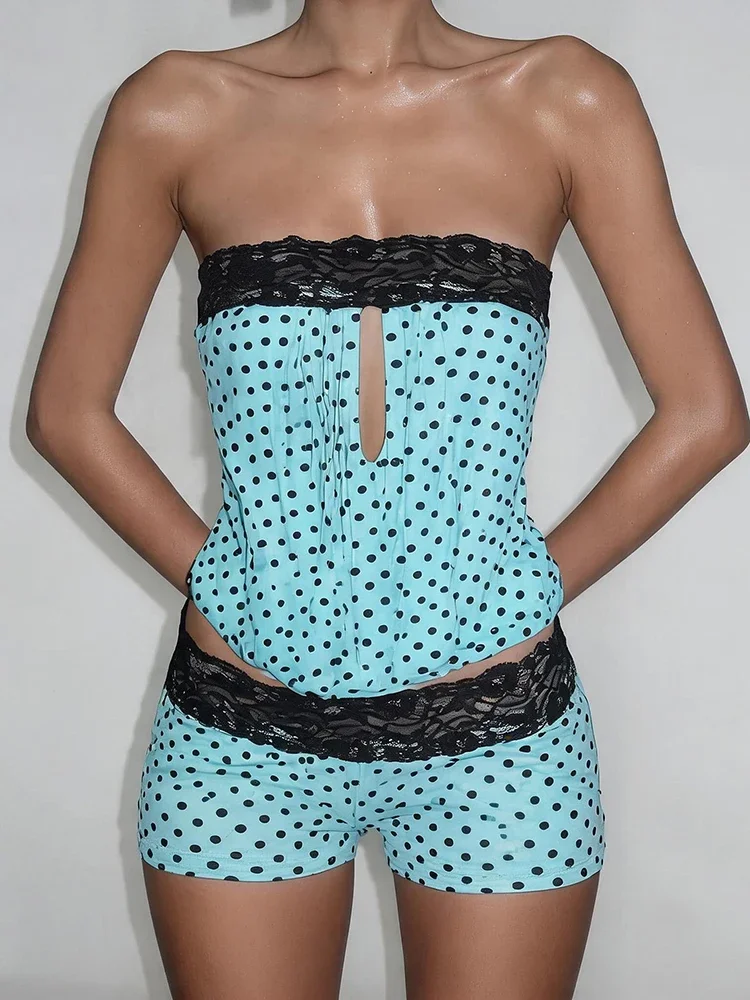 Sexy Fashion 2 Piece Set Woman Polka Dot Print Wrap Chest Backless Tank Tops+Lace Patchwork Elastic Waist Shorts Outfits