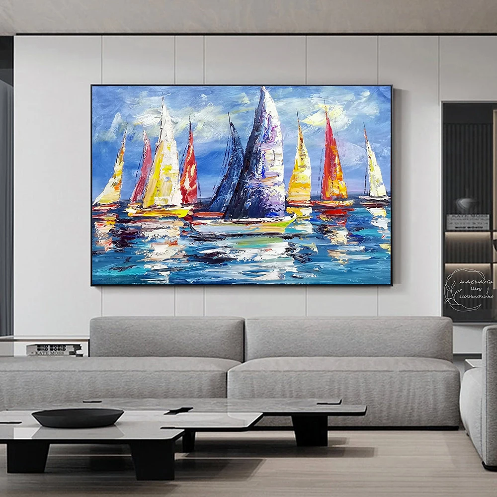 

Large Abstract Nautical Sailboat Oil Painting Colorful Abstract Sailboats Painting Original Acrylic Textured Blue Sea Wall Art