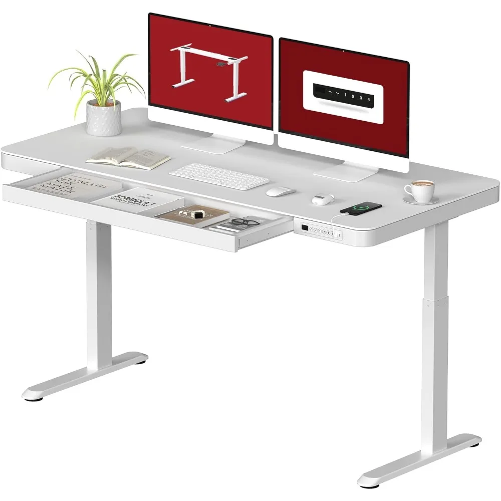 Standing Desk with Drawer, Electric Height Adjustable Home Office Desks with Storage & USB Ports, 55 Inch White Wood, Desk