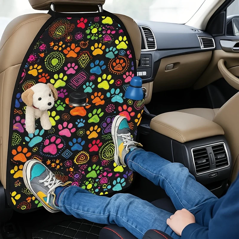 Car Seat Back Covers With Storage Pockets, Colorful Tribal Paw Print Design For Pet Owners