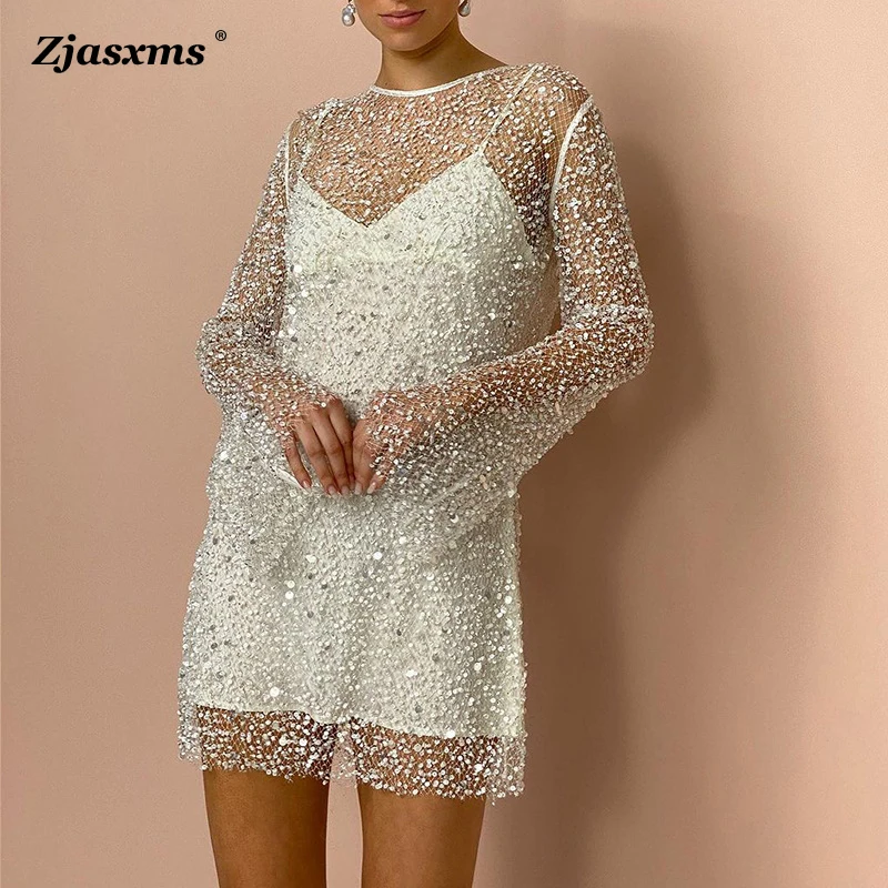 

Women Beaded See Through Mesh Two-Piece Halter Dresses Sexy Lady V Neck Lace Mini Dress Autumn Long Sleeved Sequin Evening Dress
