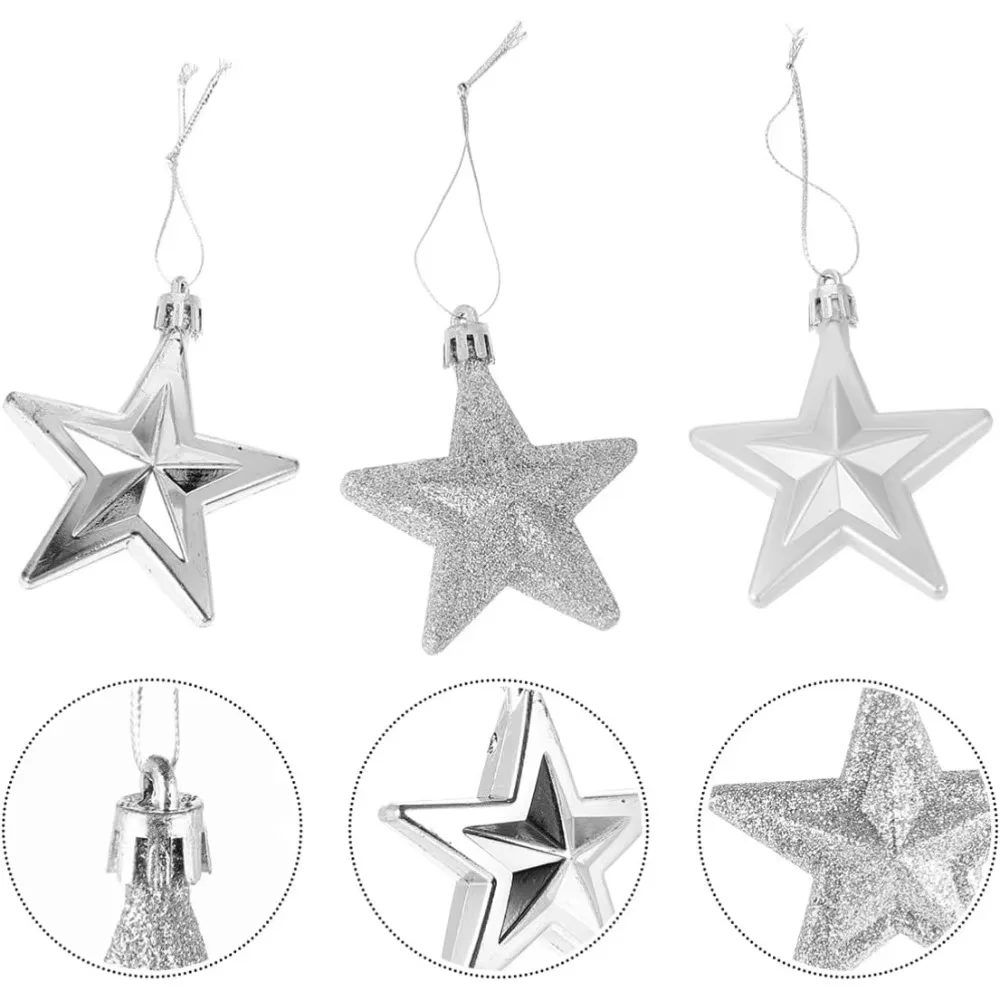 PESENAR  6Pcs Silver Glitter Star Christmas Tree Ornaments  Shatterproof for Holiday Party