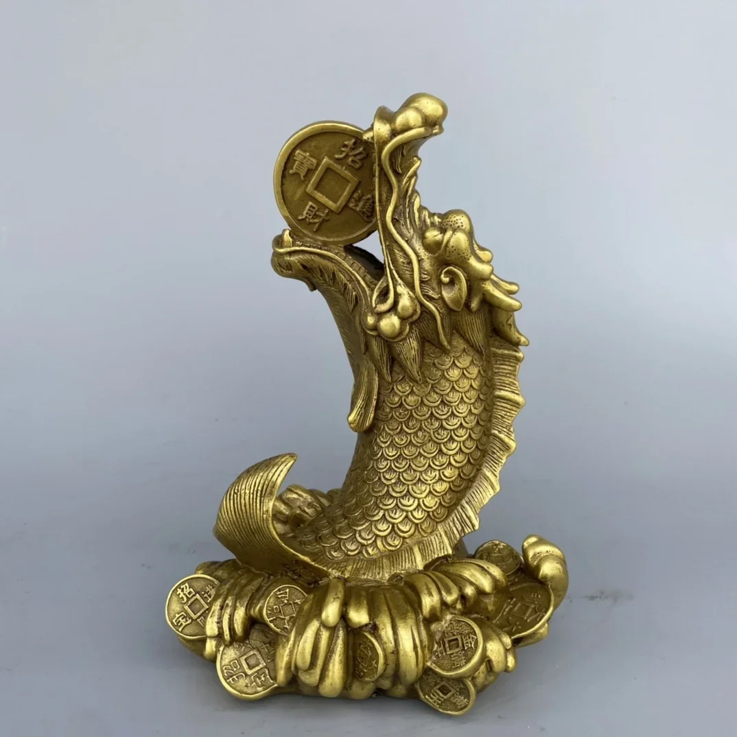 

9"Tibetan Temple Collection Old Brass Dragon Head Fish Statue Divine Beast Amass wealth Ornaments Town house Exorcism