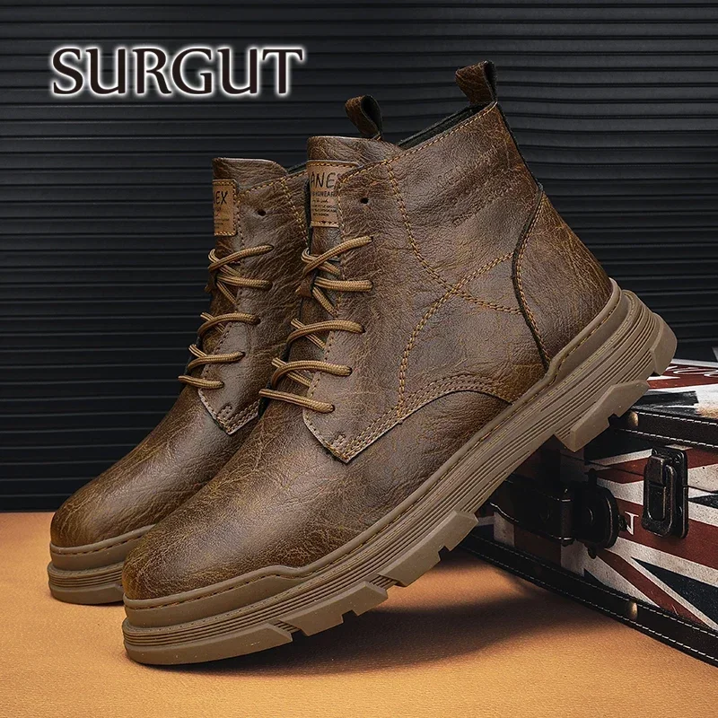 SURGUT New Men Boots Comfortable Spring Autumn Warm Waterproof Fashion Ankle Boots Casual Men Leather Working Boots Men