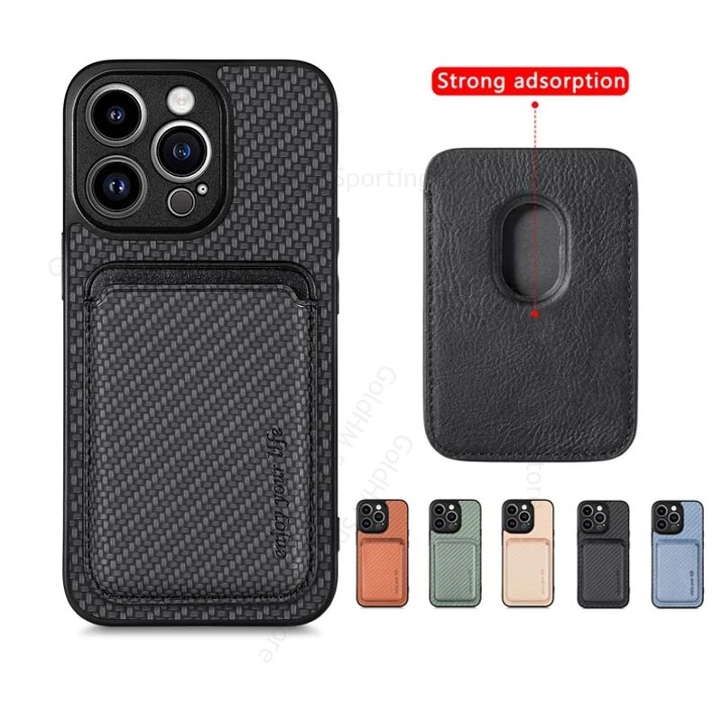 

For Magsafe Split Wallet Card Magnet Case For iPhone 17 Pro Max Leather Carbon Fiber Phone Cover For Apple 16 E 14 15 17 Pro Max