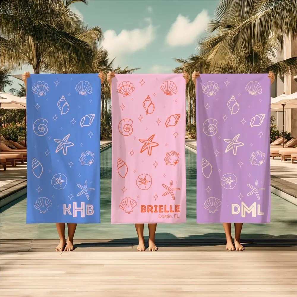 Personalized Seashell Beach Towel Portable Towel Name Customized Pool Towel for Summer Vacation Trip Camp Oversized Beach Towel