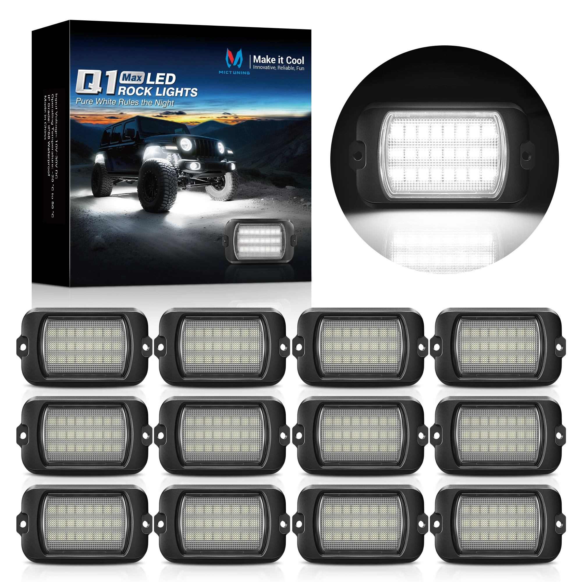 

MICTUNING Q1 MAX White Rock Lights - 4/8/12 Pods Underglow Lights Compatible for 12V/24V Car Truck Offroad Boat IP68 Waterproof