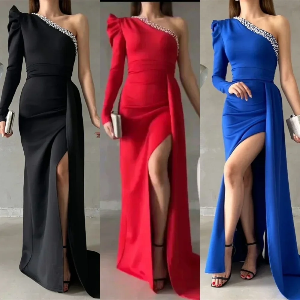 

Customized Formal Gown Prom Saudi Arabia Evening Dress One-shoulder Column Floor Length Skirts Vertically Bespoke Occasion