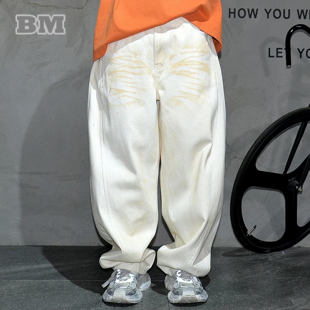 

‌Korean Streetwear Vintage Dirty Wash White Wide Jeans Men Hip Hop Graffiti Splatter Denim Pants Stacked Trousers Skateboard