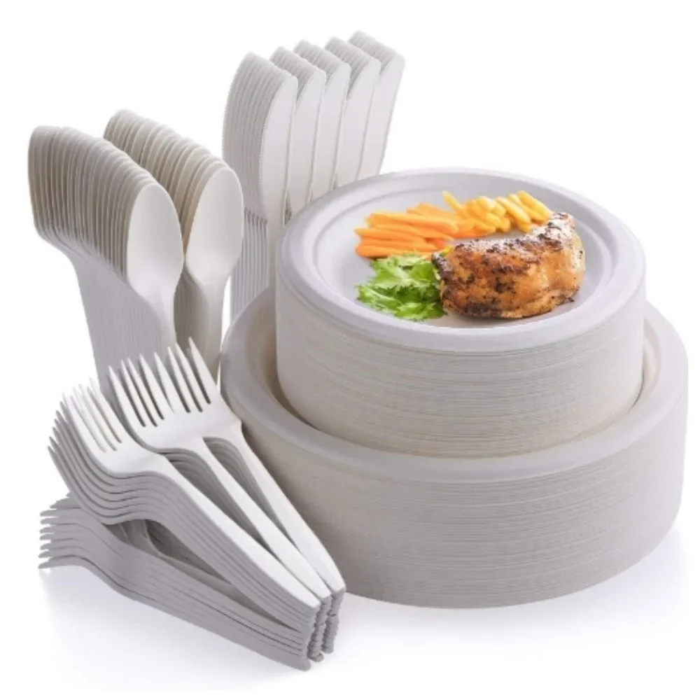 Bagasse Eco-Friendly, Fork, Knife and Spoon Set,9-inch and 7-inch Party Plate,for 50 [250 Pcs] Disposable Paper Plate Set