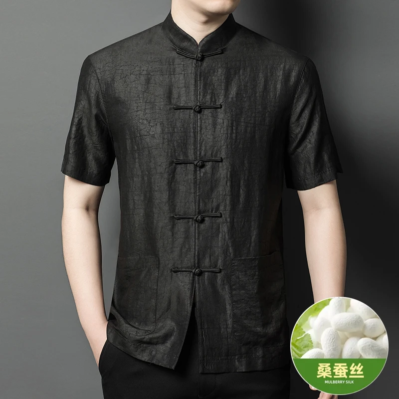 Stand Collar Frog Button Shirts For Men Short Sleeve Tang Costume Summer Quality Genuine Silk 100% Lightweight Camisas De Hombre