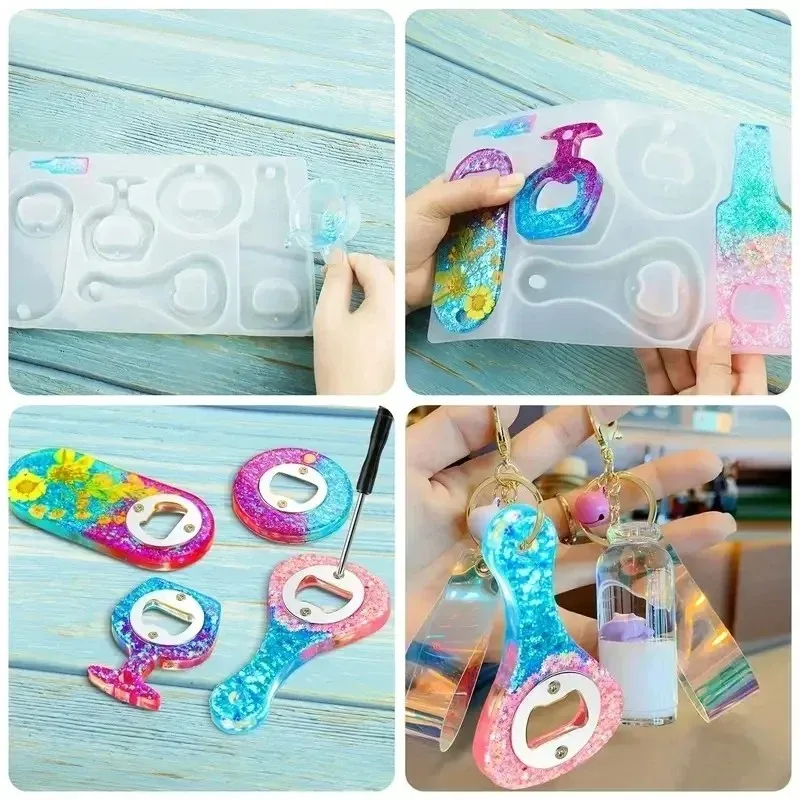 1/2set bottle opener resin mold beer opener silicone molds with stainless steel resin accessories for diy keychain beer spanner