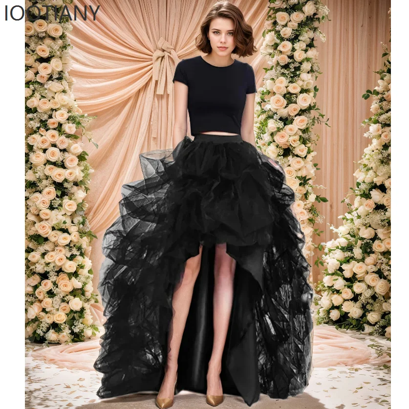 IOOTIANY Gothic Hochzeitsrock mit langem Volant, High-Low-Tüll, bodenlang, Partyrock für Damen, eleganter Mesh-Halloween-Viktorian-Kostümrock