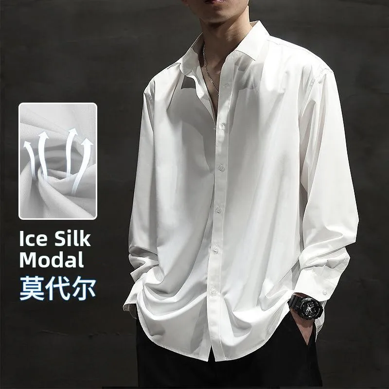 Summer Ice Silk Thin Long Sleeve White Shirt Jacket Men's Loose Large Size Modal No Ironing Drapey Shirt Youth Trendy Pure Color