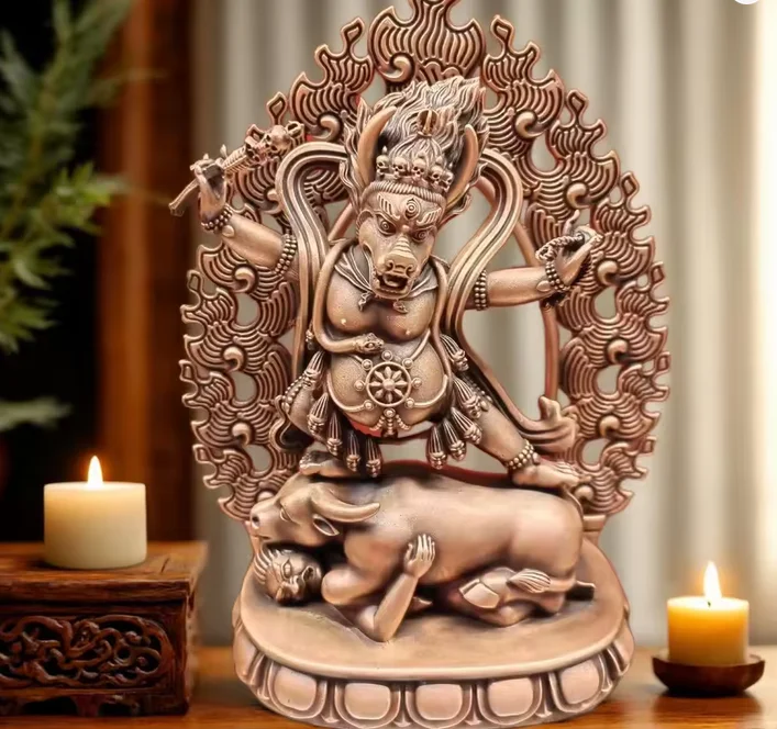 Red Copper Carved Yama Dharmapala Statue Hand Carved Tibetan Buddhist Protector Deity Figure Yama Dharmaraja Sculpture Altar