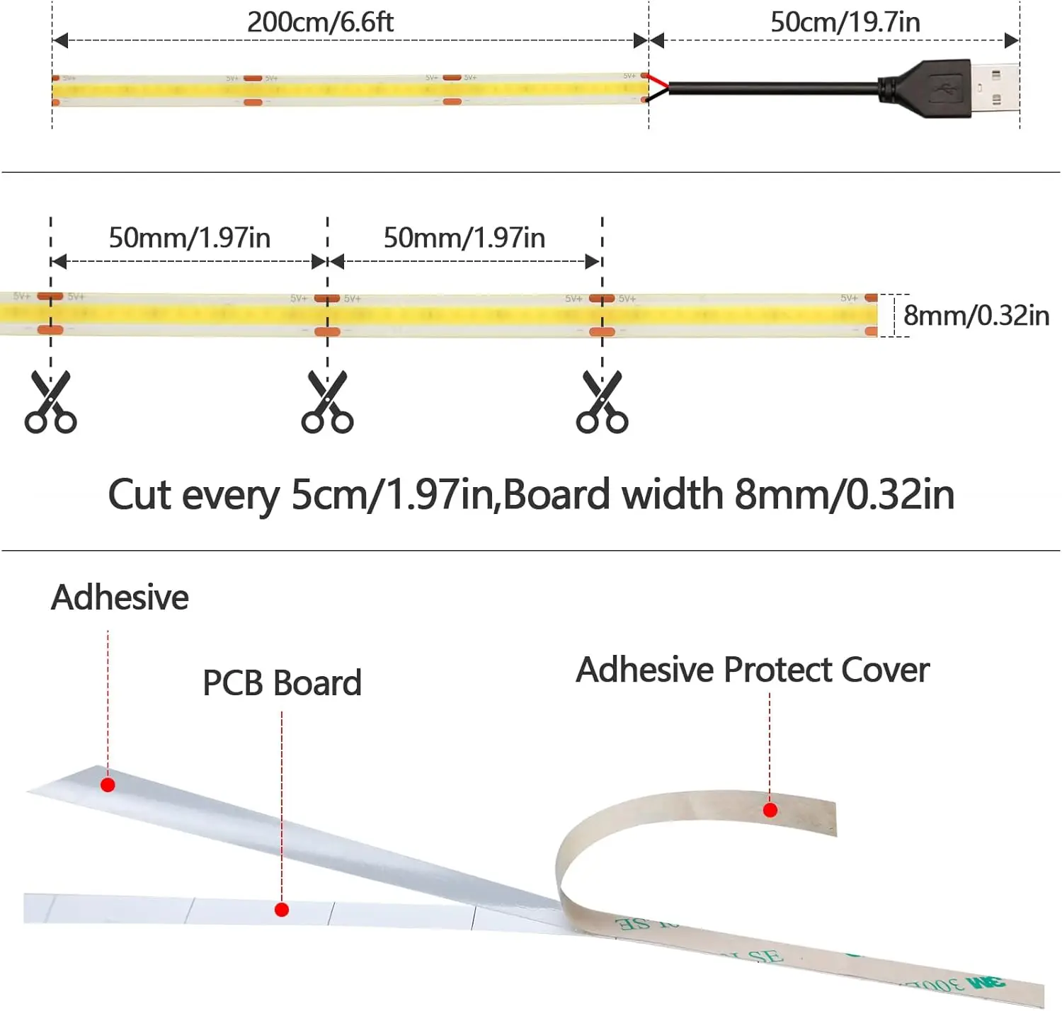 DC 5V USB LED COB Strip White Warm White LED Strip Light TV Background Lighting Tape Home Decor Lamp 1- 5m LED String Light