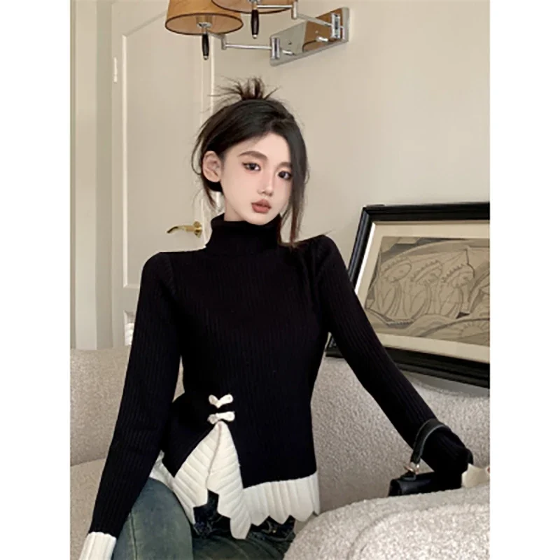 Women Tops Autumn Winter New Splicing Color Collision Wooden Ear Edge Knitted Bottoming Shirt Female Turtleneck Black Innerwear