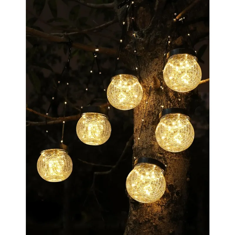 

6 Pack Solar Cracked Glass Lanterns, Waterproof Hanging Globes with Shepherd Hooks, Outdoor Decor
