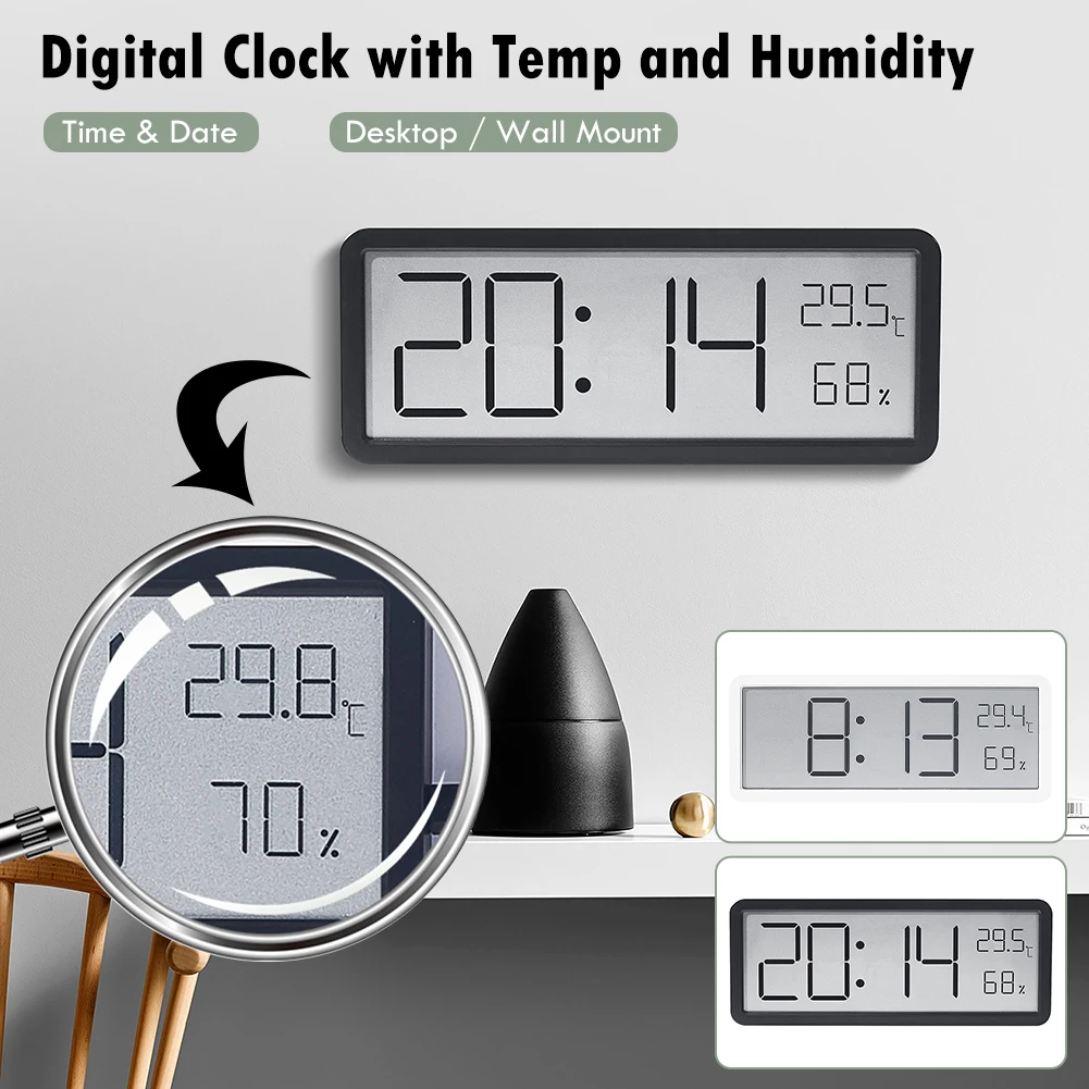 

Digital Clock Large Display Battery Powered Electric Wall Clock with Temperature Humidity Calender Date Clock for Bedroom Office