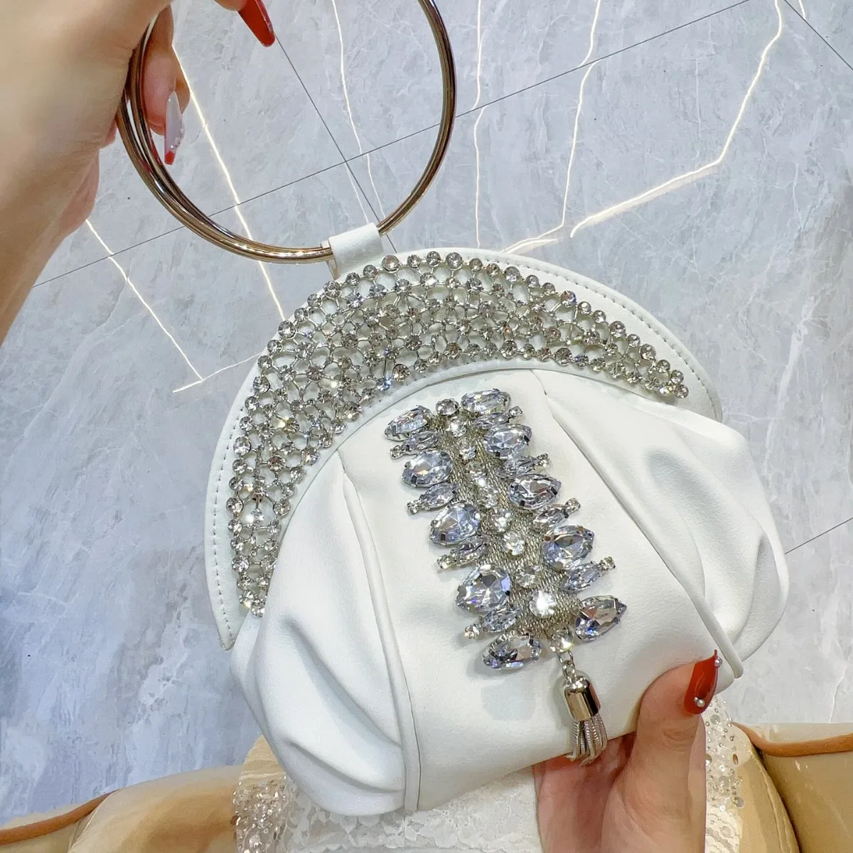 

Women's Glitter Crystal Satin Handbag Luxury Designer Diamond Ring Clutch Purse Pink Evening Wedding Party Banquet Shoulder Bag