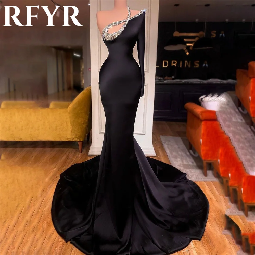 

RFYR Black Evening Dress for Party Satin Scoop Regular Sleeve Pleats Prom Gowns Sequins Train Trumpet Celebrity Dress Customized