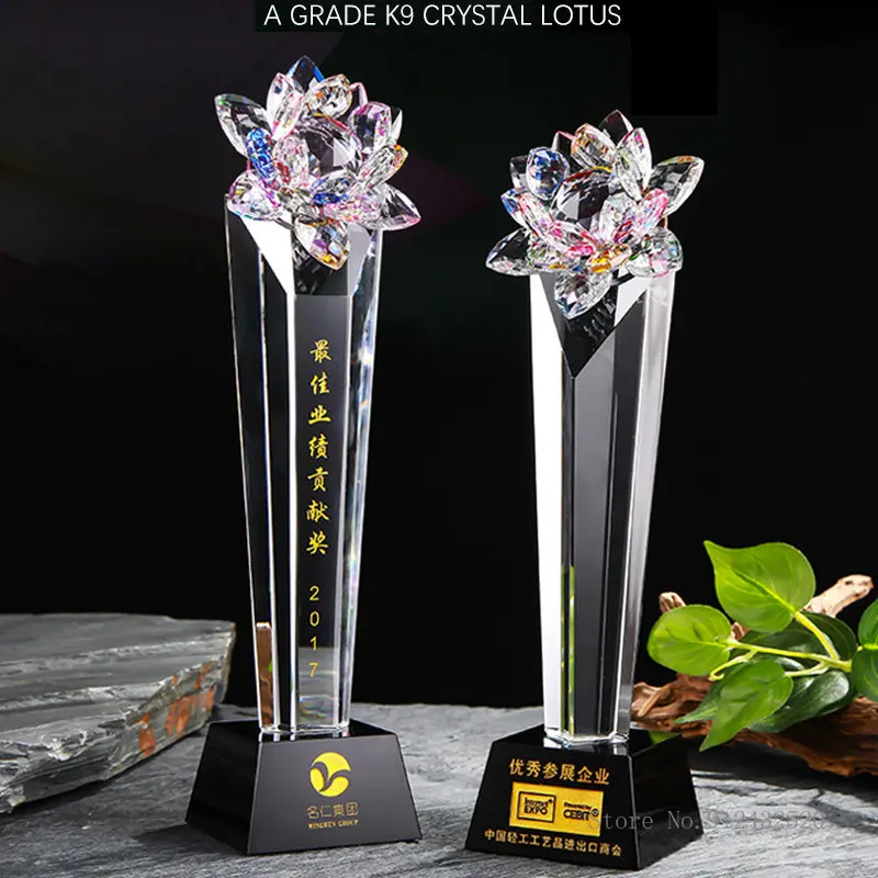 Customized Lettering Colorful Lotus Shaped Crystal Trophy, Enterprise Staff Award, Home Decoration Gift High-grade Souvenir, 1Pc