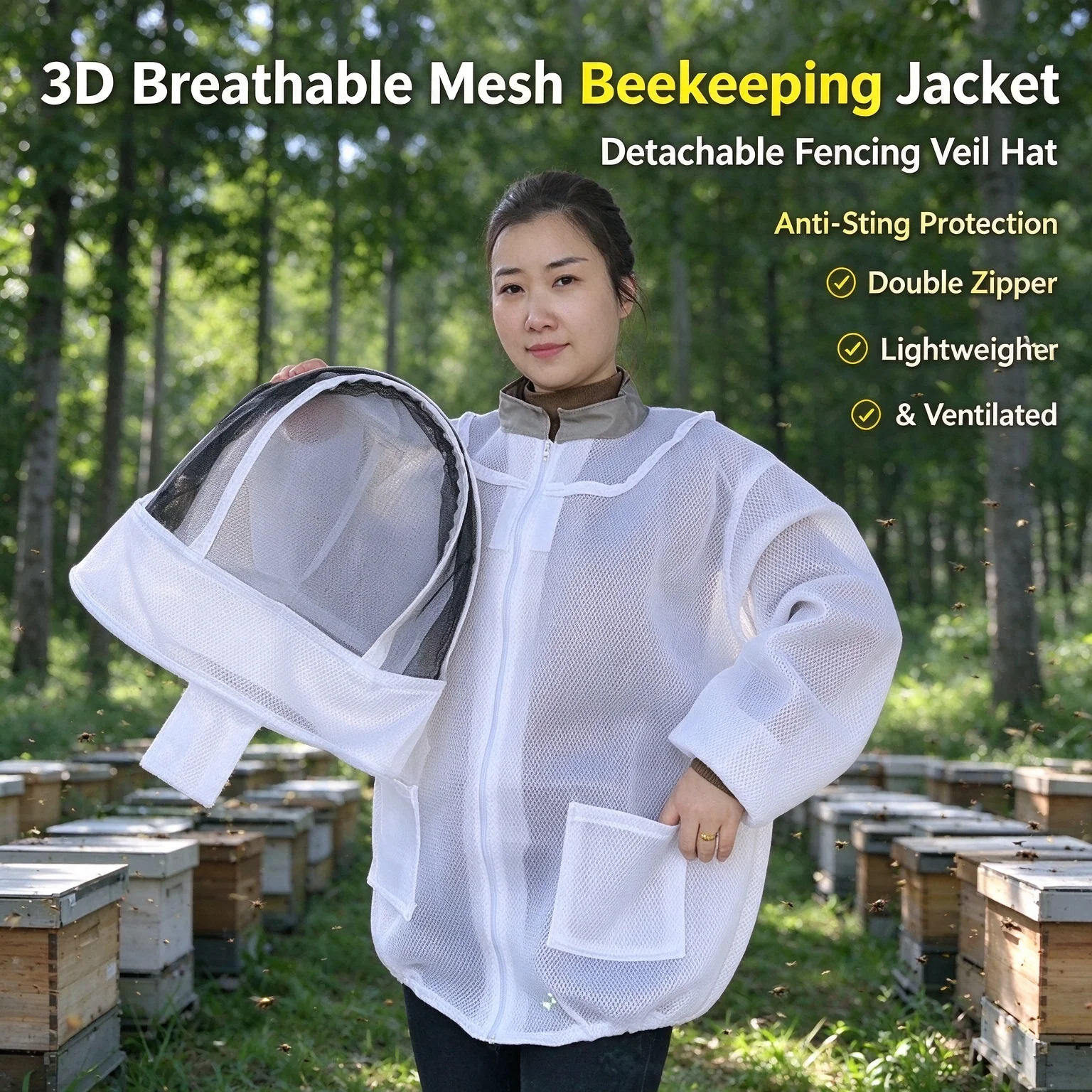 3D Breathable Mesh Anti Bee Suit, Thickened Anti-Sting Beekeeper Protective Clothing with Veil Hat Beekeeping Outfit
