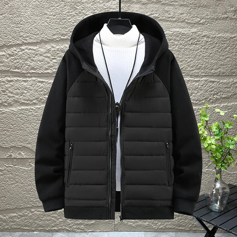 Autumn Winter Plus Size Parkas Men Hooded Patchwork Loose Parka Coat Solid Warm Outwear Casual Zipper Knitted Hooded Jackets Man