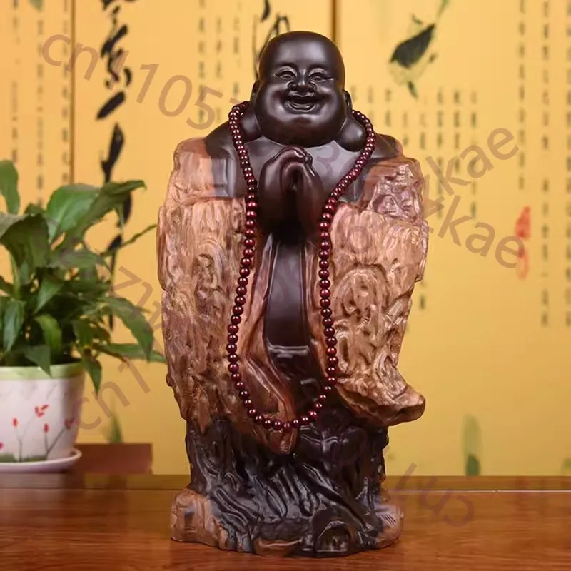 

Black Sandalwood Carving Maitreya Buddha Root Carving Ornaments, Smoking Buddha Handicrafts, Home Entrance Decoration