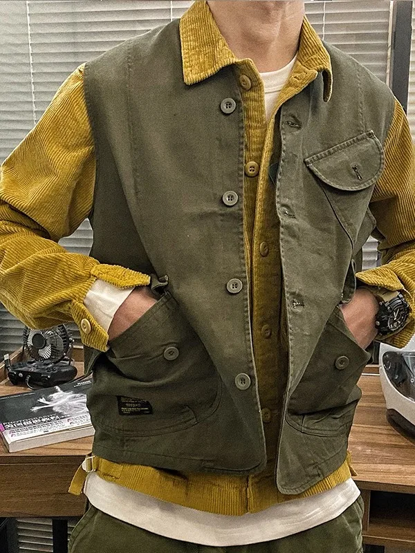 American Style Mountain Series Multi-Pocket Workwear Vest Unisex Spring Autumn Loose Casual Sleeveless Outerwear