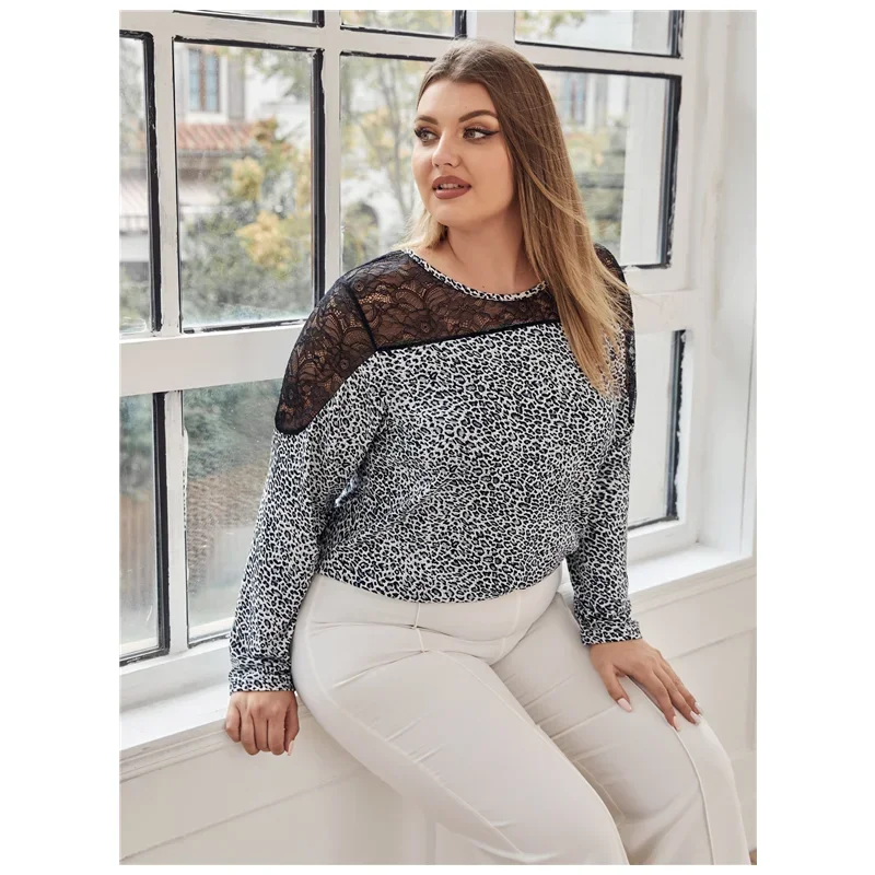 

Plus Size Elegant Fashion Leopard Blouse Women Lace Patchwork Long Sleeve Spring Office Lady Top T-shirt Ladies Large Size 6XL