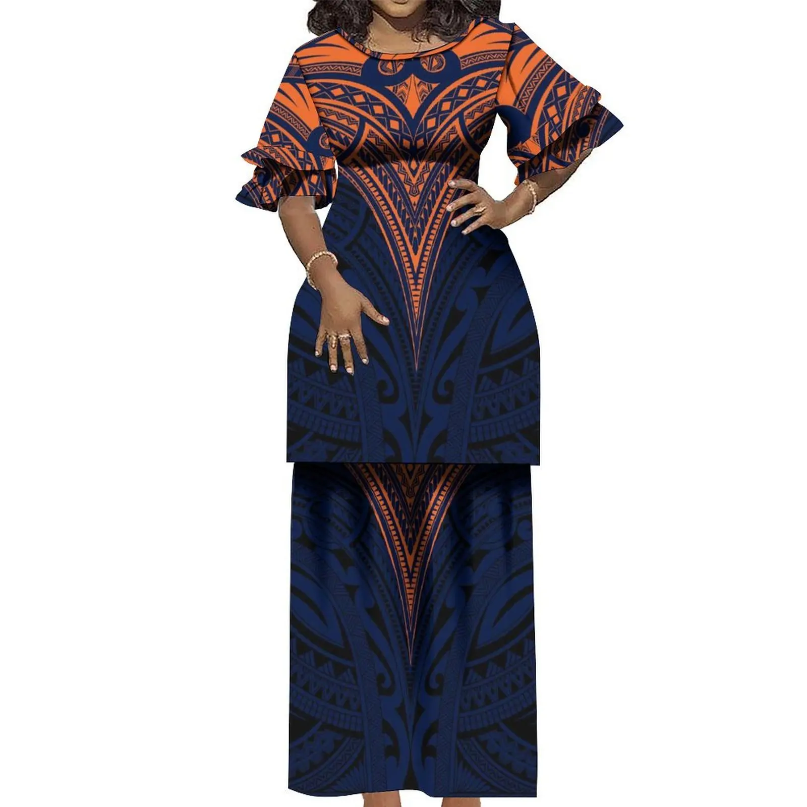 Hawaiian Floral Print Samoan National Dress Lady Elegant Pletasi Dress Polynesian Dress With Plus-Size Men'S Shirt