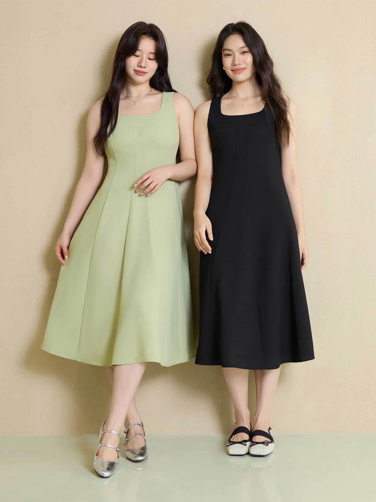 

DUSHU【2 Veison】Women Spring Acetate Dress Office Lady Black Temperament X-LINE Dress Sleeveless Dress 25DS81204+25DS81206