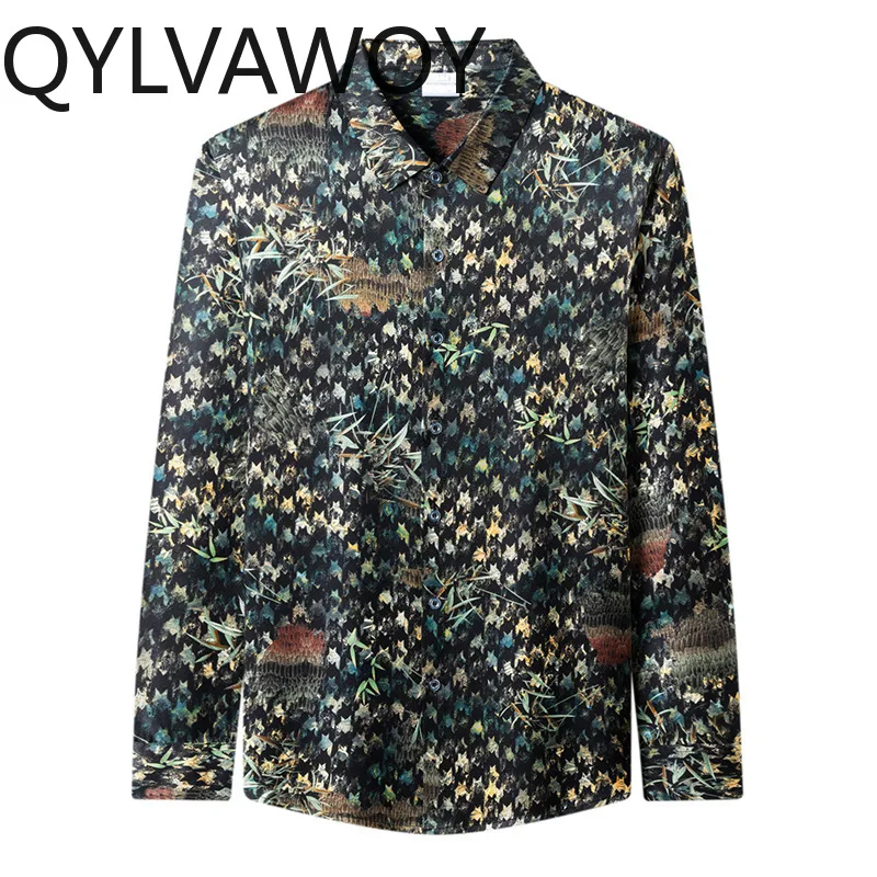 

QYLVAWOY Printed Men's Shirts 92.5% Real Mulberry Silk Shirt High-quality Long Sleeves Tops Spring Autumn Shirts for Men Fashion