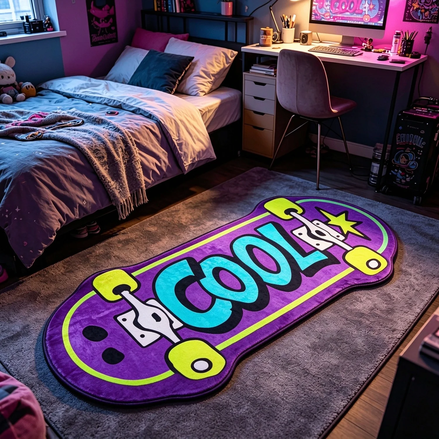 YIKAX Cool Skateboard Shaped Rug - Aesthetic Cutecore Room Decor Funky Cut out Design for Bedroom Living Room