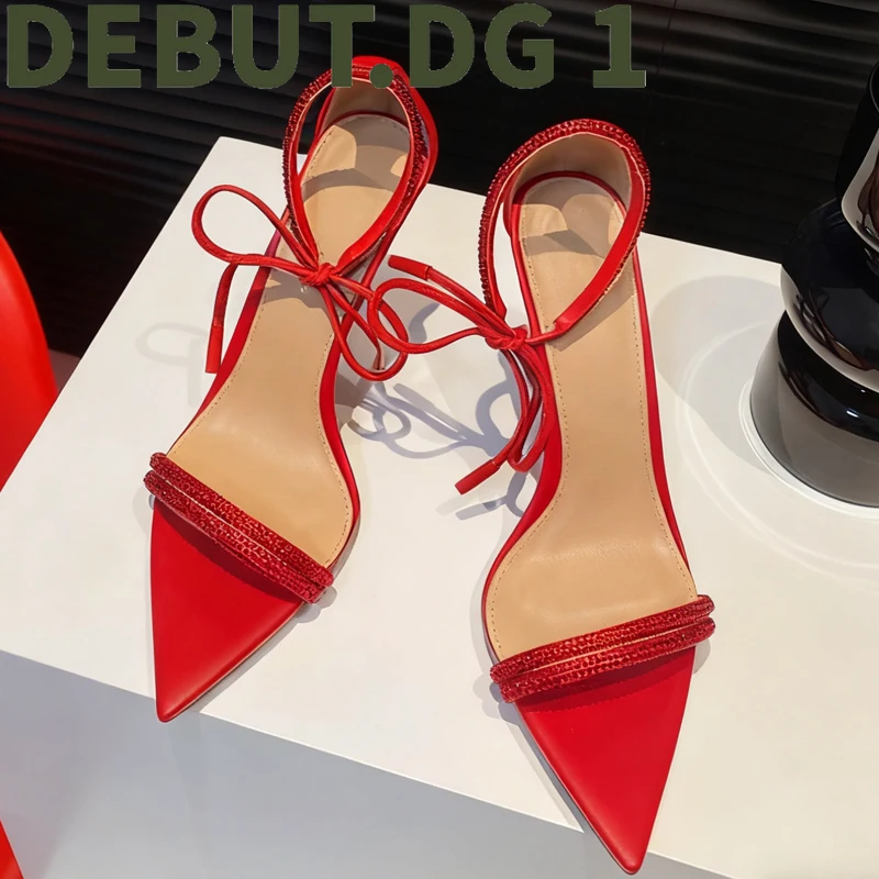 Crystal Decor High Heel Sandals Elegant Design Breathable Lambskin Lining Comfortable 10.5CM Heel